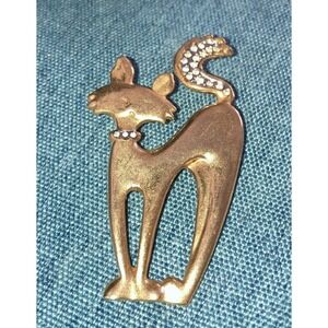 VINTAGE GOLD TONE CAT PIN BROOCH ENAMEL RHINESTONES